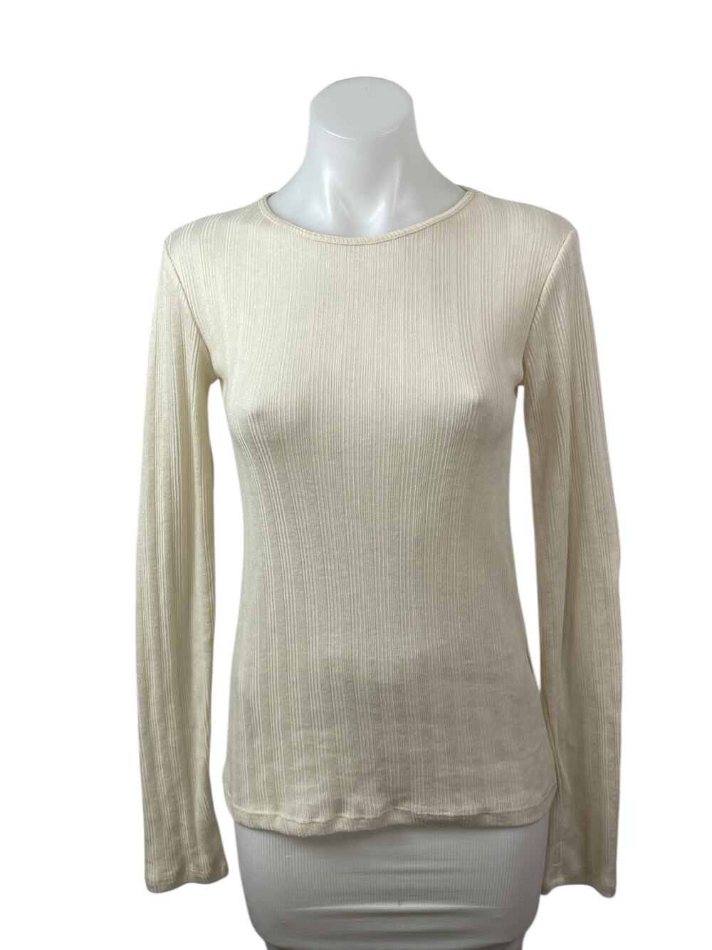 NEW Zara Cream Pointelle Ribbed Crew Neck Long Sleeve Sweater T-Shirt Top Size S
